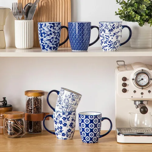 Miniatura 7 de vancasso SELENE - Juego de 6 tazas de café grandes de porcelana de 16 onzas con asa, taza de té de cerámica para capuchino, café con leche, té
