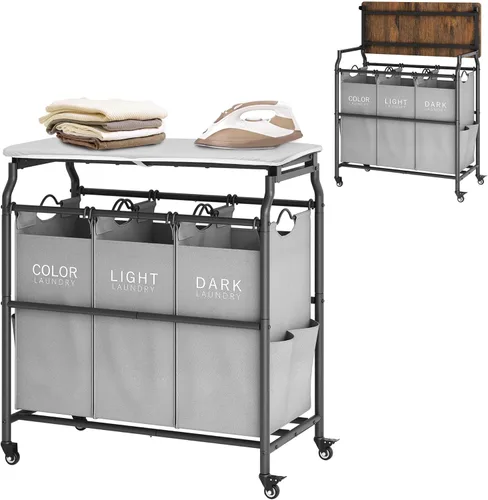 Miniatura 10 de Hoctieon Carrito clasificador de ropa de 3 secciones con tabla de planchar, cesta de lavandería con estante y ruedas rodantes, organizador de cesta