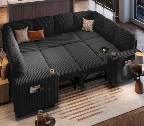 Miniatura 44 de LINSY HOME Sofá cama modular extraíble para sala de estar (beige, sofá cama 1) Sofá cama extraíble, almacenamiento, carga USB, portavasos, pana