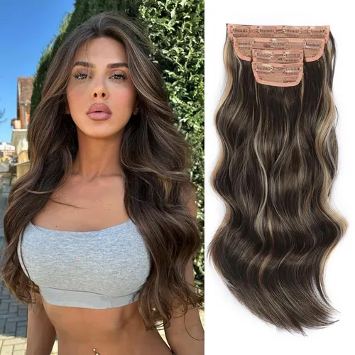Miniatura 12 de Extensiones de cabello con clip de Vigorous de 20 pulgadas, con reflejos rubio playa, extensiones de cabello ondulado largo y suave de cabello