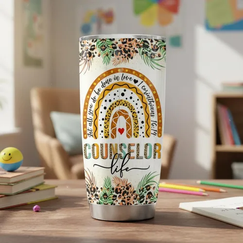 Miniatura 6 de 4LIEUBASMI Vaso de 20 onzas para consejero escolar, semana de agradecimiento al consejero, moderno multicolor con estampado de letras de arco iris