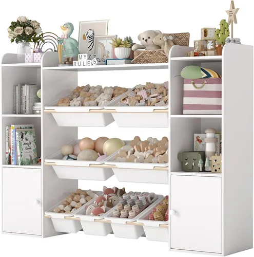 Miniatura 8 de Organizador de almacenamiento de juguetes con 8 cubos de juguetes, organizadores de juguetes para niños y almacenamiento con estante, estantería