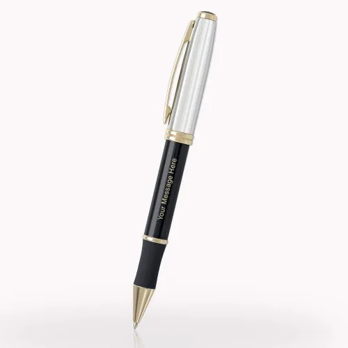 1 bolígrafo de metal ejecutivo grabado con láser personalizado en color negro clásico con detalles en tono dorado. Tinta negra.