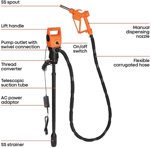 Miniatura 4 de Groz Bomba de tambor eléctrica de 12 V CC para tambores de 55 galones y bolsas IBC, flujo de 4.86 GPM, tubo telescópico ajustable de 33.5-49