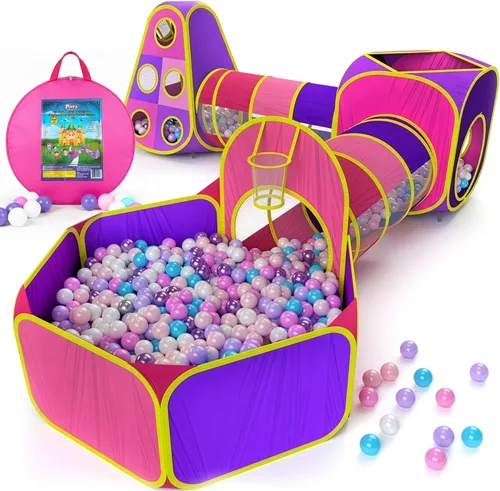 Miniatura 12 de Playz Tienda de campaña desplegable de 5 piezas para niños, túnel de gateo y pozo de pelotas con aro de baloncesto para niños, niñas, bebés y niños