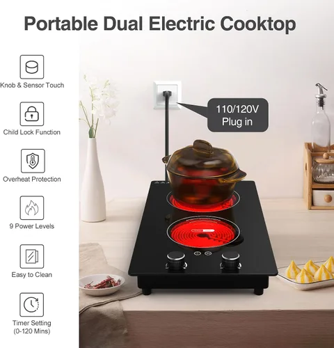 Miniatura 6 de VBGK Placa de cocción eléctrica, 110V 2400W superficie de cocina eléctrica con control de perilla, 9 niveles de potencia, bloqueo para niños