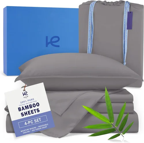 Miniatura 22 de Kickoff Sábanas de bambú de viscosa tamaño King, 4 piezas, 100% viscosa de bambú orgánico, juego de sábanas refrescantes tamaño King, ropa de cama