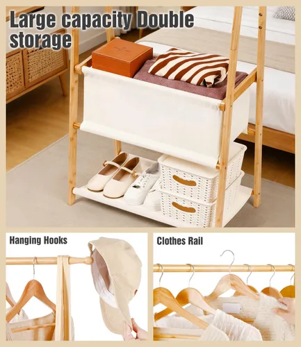Miniatura 3 de Perchero de bambú con caja de almacenamiento y estante de almacenamiento, perchero portátil extra grande para ropa, armario plegable para entrada