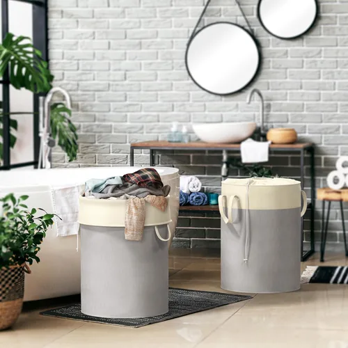 Miniatura 5 de Simple Houseware Cesta de lavandería plegable de 74L, cesta redonda de algodón con cierre de cordón y asas, paquete de 2, color gris