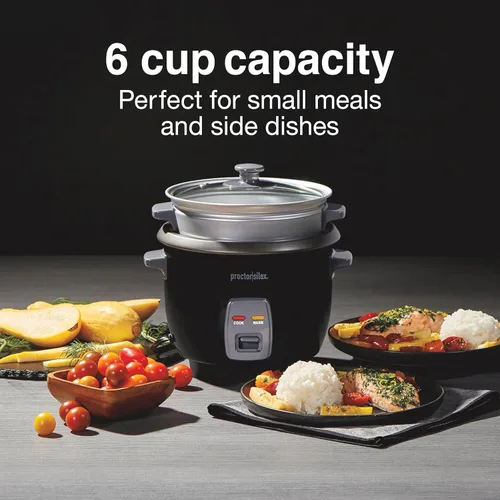 Miniatura 2 de Proctor Silex - Arrocera y vaporizador de alimentos, 6 tazas cocinadas (3 tazas sin cocinar), incluye cesta de vapor y enjuague, negro (37510)