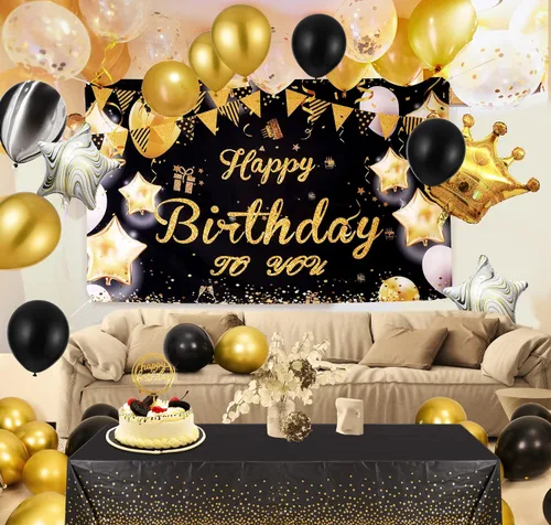 Miniatura 5 de Decoraciones de cumpleaños doradas y negras – Cartel feliz, guirnalda de arco de globos para hombres, mujeres, niñas, dulces 16, 21, 30, 40, 50