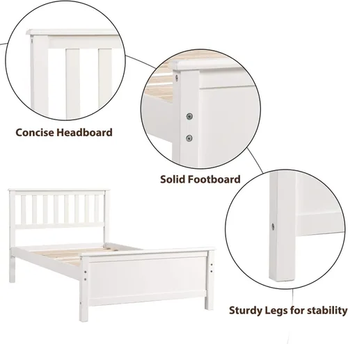 Miniatura 4 de Merax - Base de colchón de madera maciza con cabecero, sin sombreador de caja, fácil montaje para plataforma infantil, doble, blanco (tripa)