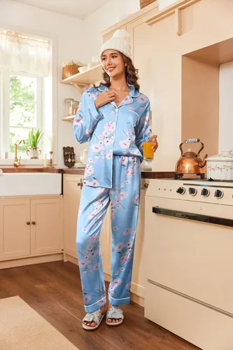Miniatura 2 de Ekouaer - Conjunto de pijama clásico de seda satinada, con botones, para mujer