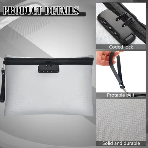 Miniatura 3 de Nezyo Bolsa de documentos de dinero segura ignífuga con cerradura, 2 piezas, diario notario, bolsa impermeable con cremallera para bolsa de Gris