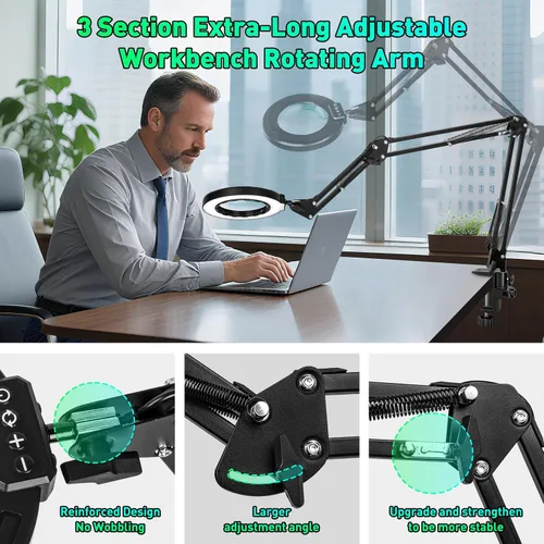 Miniatura 7 de Lupa de 12 veces con luz y soporte, brazo oscilante de 3 secciones ultradelgado, lupa iluminada para manos que ayudan, lámpara de escritorio LED