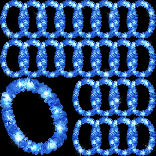 Miniatura 27 de Sherr 24 piezas Collares de leis LED iluminados, collares de flores hawaianas con luces LED para bodas, playa, tropical, carnaval, suministros