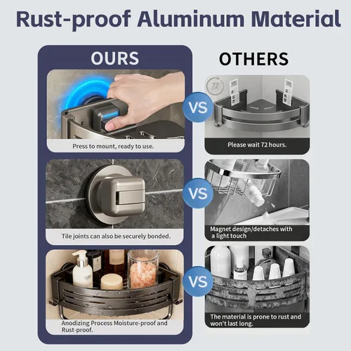 Miniatura 5 de Organizador de ducha esquinero de aluminio inoxidable, estante triangular a presión para instalar con ganchos, organizador de ducha de baño