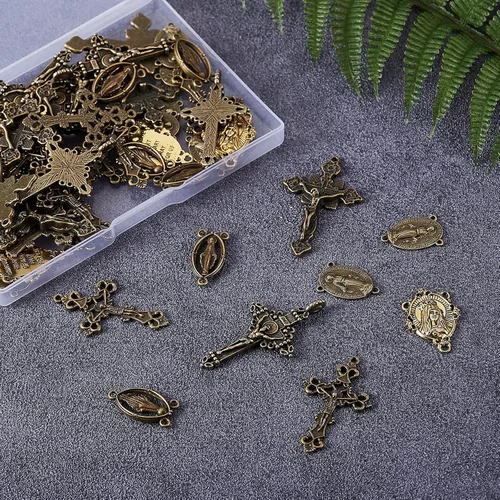 Miniatura 4 de BEEFLYING 60 piezas de rosario católico de aleación de estilo tibetano Jesús crucifijo de paz cruz centro María Milagrosa Medalla Colgantes Virgen