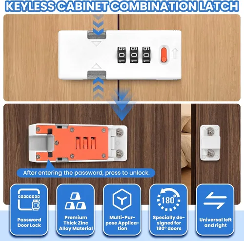 Miniatura 7 de Cerradura de gabinete sin llave premium con código de combinación, cerradura de 3 dígitos con contraseña para cajones, puerta de armario plegable
