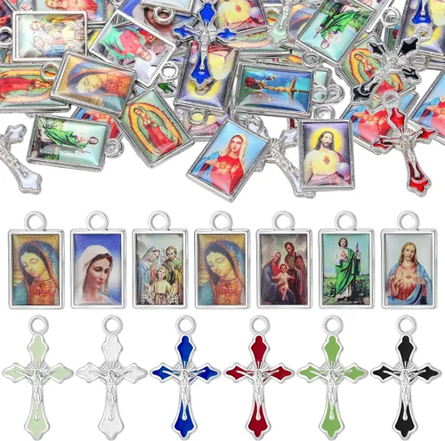 Miniatura 10 de 100 piezas de suministros para kits de fabricación de rosario, medallas con cruz y centro, dijes de aleación, crucifijos con imágenes religiosas