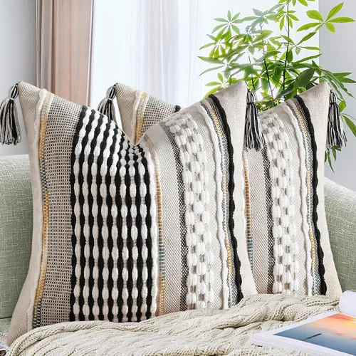 Miniatura 13 de AmHoo - Fundas de almohada de 18 x 18 pulgadas con borlas, fundas de almohada decorativas tejidas con textura de chenilla estilo boho para sofá