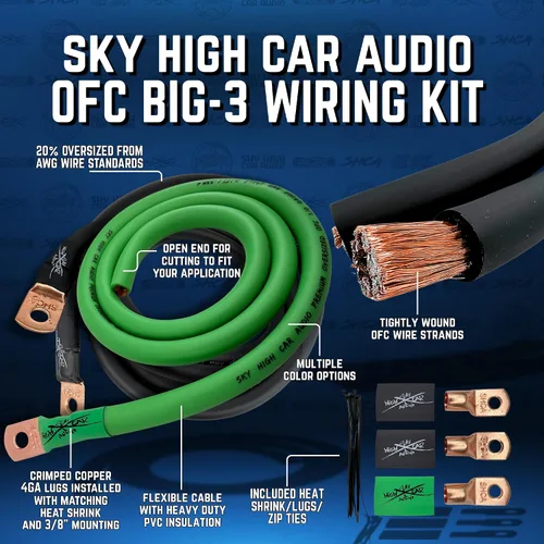 Miniatura 2 de Sky High - Kit de cableado eléctrico OFC de gran tamaño de calibre 4, color rojo y negro, mejora el flujo de voltaje y el rendimiento Rojo/Negro
