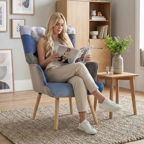 Miniatura 4 de Joysoul Silla decorativa para sala de estar, sillón moderno con respaldo alto, silla de tela de retazos bohemios, silla de lectura tapizada colorida
