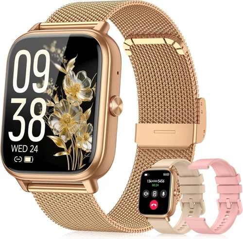 Reloj inteligente para mujeres y hombres, batería de 1000 mAh, contador de actividades, compatible con Android iPhone iOS, 3 correas, dorado