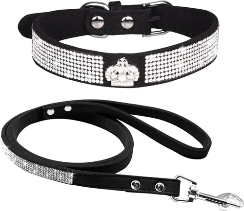Miniatura 19 de Conjunto de Collar y Correa para Mascotas, Bonito y Deslumbrante de Ante Suave con Diamantes de Imitación de Cristal, Collar y Correa para Gatos