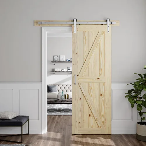 Miniatura 8 de SMARTSTANDARD Puerta corrediza de granero de 24 x 80 pulgadas con kit de herrajes y mango de níquel cepillado de 5 pies, se requiere un montaje