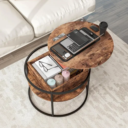 Miniatura 9 de Mesa de centro redonda con almacenamiento, mesa de centro elevable para sala de estar, sala de recepción, mesa redonda pequeña de 2 niveles, centro