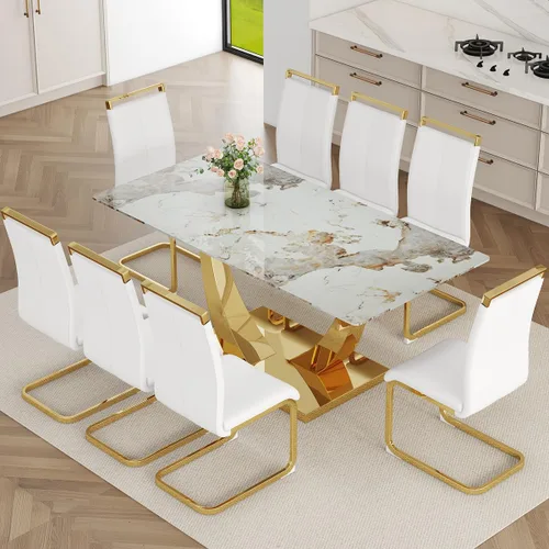 Miniatura 22 de Juego de Mesa de Comedor Negra para 6, Mesa de Comedor de Mármol Falso de 71" para 6, Juego de Mesa de Cocina Rectangular con Sillas de Cuero PU