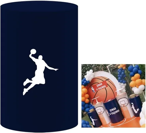 Fundas de soporte cilíndrico azul marino con temática de baloncesto para fiestas de cumpleaños de niños, cubierta de pedestal con patrón de jugador