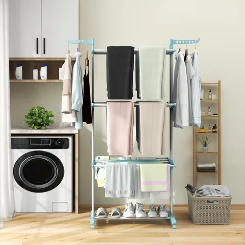 Miniatura 2 de Giantex Estante de secado de ropa plegable, estante plegable de gran tamaño de 4 niveles con 3 bandejas retráctiles, soportes para perchas, soporte