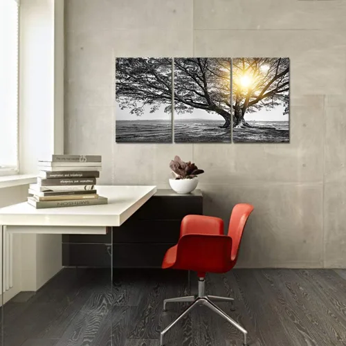 Miniatura 5 de Biuteawal Arte de pared de 3 piezas de árbol blanco y negro al amanecer cálido paisaje fotográfico, impresiones en lienzo de árbol de la vida