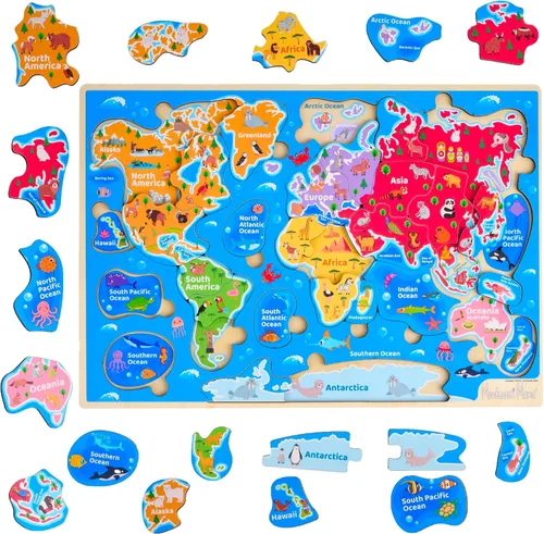 Montessori Mama Rompecabezas de madera con mapa del mundo, rompecabezas de continentes y océanos para niños de 4 a 6 años. Juguetes educativos