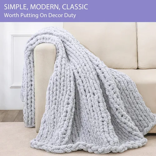 Miniatura 4 de Bigacogo Manta de punto grueso de 51 x 63 pulgadas, manta de felpilla 100% tejida a mano, manta grande de punto trenzado suave y grueso, manta Gris