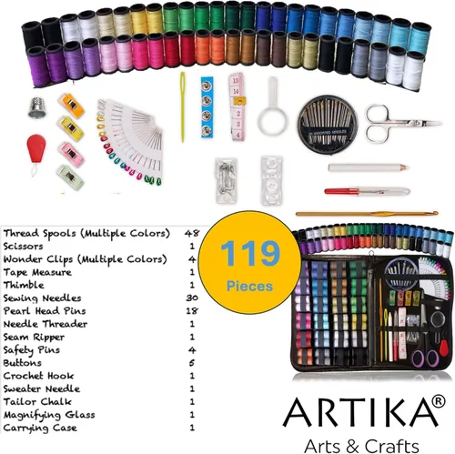 Miniatura 2 de ARTIKA - Kit de costura para adultos y niños (119 PIEZAS) - Juego pequeño para principiantes con hilo multicolor, agujas, tijeras, dedal y pinzas