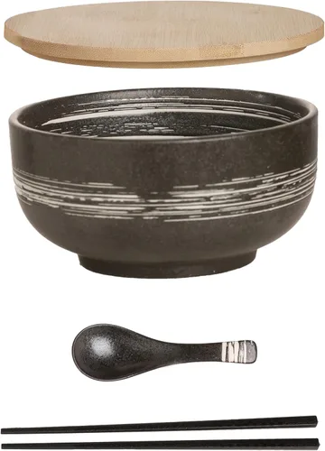 Juego de cuencos de cerámica para ramen, 38 onzas, estilo japonés, duradero, apto para microondas y lavavajillas, incluye cuchara y palillos (6),