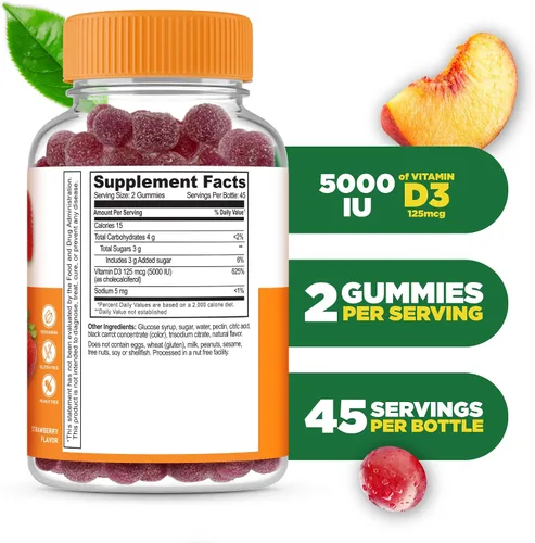 Miniatura 2 de Gomitas de vitamina D para adultos 5000 UI Vitamina D3 de gran sabor Apoyo inmunológico y huesos saludables Suplemento de vitamina D