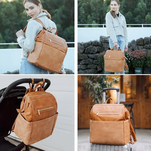 Miniatura 2 de MOMINSIDE Mochila para pañales, bolsa de pañales de cuero, bolsa de bebé, bolsa de pañales grande para bebé, bolsa de mamá con 16 bolsillos, bolsa