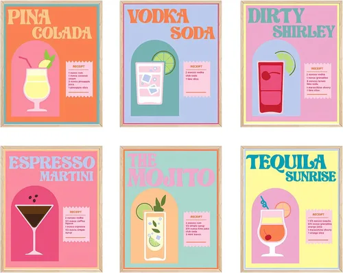 Juego de 6 arte retro para pared de cóctel, decoración de pared, sin marco, colorido, bebidas alcohólicas, pósteres para bar, fiesta, dormitorio,