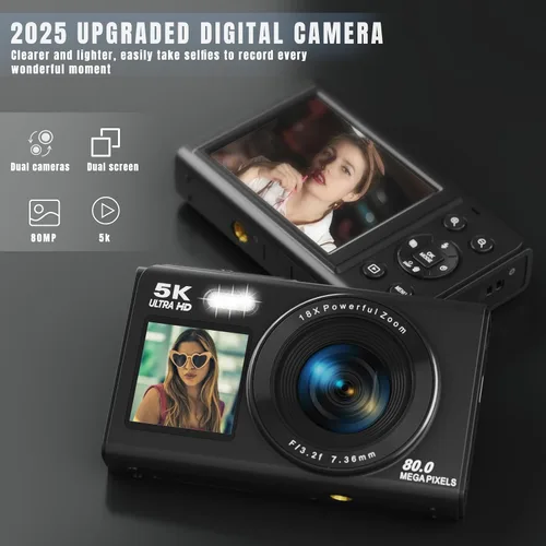 Miniatura 2 de Cámara digital 5K, cámara de doble pantalla con zoom digital de 18X, cámara compacta de vlogging para adolescentes, paquete de regalo