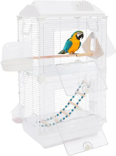 Miniatura 11 de Jaula para pájaros de hierro forjado de 2 puertas con techo y asas, jaula de loro de 28 pulgadas de alto, jaula de vuelo para pájaros y mascotas