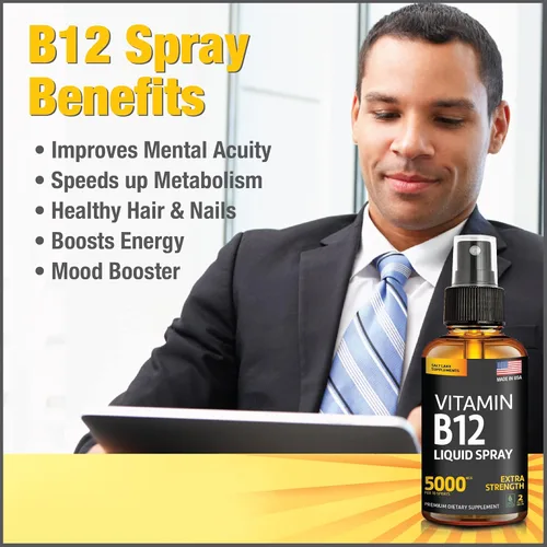 Miniatura 6 de Vitamina B12 Sublingual Spray 5000 mcg – Líquido vegano de metilcobalamina B12 aumenta la energía, el estado de ánimo y la salud cerebral – Sin