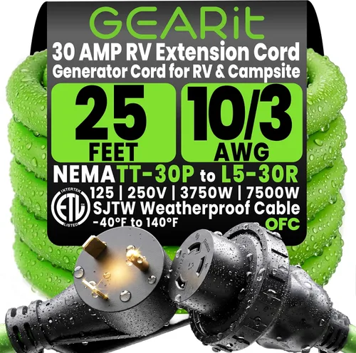 GEARit Cable de extensión RV de 30 amperios de 25 pies, NEMA TT-30P a L5-30R cable generador de 30 amperios, 10/3 STW 10 AWG, bloqueo giratorio de 3