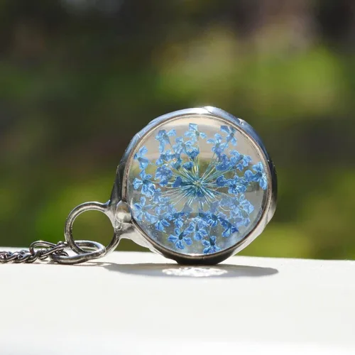 Miniatura 12 de Queen Anne's - Collar de encaje con colgante de flor prensada real en cristal hecho a mano, joyería de flores silvestres, collares de encaje