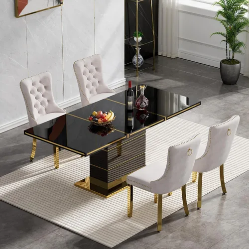 Miniatura 2 de Juego de 5 mesas de comedor negras brillantes para 4, mesa de cocina moderna de madera de alto brillo con 4 sillas de terciopelo beige, mesas