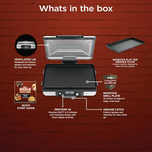 Miniatura 13 de Ninja Sizzle Pro XL Plancha de Interior de 20 Pulgadas + Parrilla, Tapa Ventilada Desmontable, Control de Grasa, Placas Antiadherentes de Cerámica