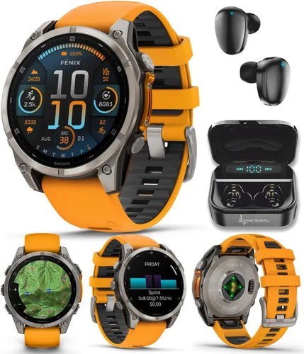 Miniatura 18 de Garmin Fenix 8 – 2 pulgadas, reloj inteligente multideporte GPS AMOLED, zafiro, titanio con banda de silicona naranja brillante/grafito, linterna